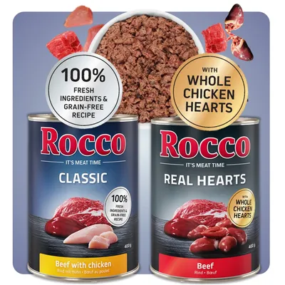 Rocco Classic Beef mit Chicken und Rocco Real Hearts Beef mit ganzen Hühnerherzen. 100% frische Zutaten, getreidefreie Rezeptur.