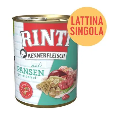 Rinti Kennerfleisch mit Pansen getreidefrei, lattina singola. Immagine della confezione con carne e trippa visibili sull'etichetta. Rinti Kennerfleisch mit Pansen getreidefrei, lattina singola. Immagine della confezione con carne e trippa visibili sull'etichetta.