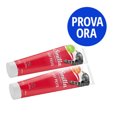 Due tubi di Smilla Cat Paste, 200 g ciascuno, con scritte 'Malt' e 'Multi-Vitamin'. Cerchio blu con testo bianco: PROVA ORA.