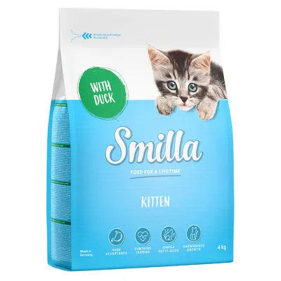 Smilla Kitten суха храна с патица, 4 кг. Съдържа таурин, омега мастни киселини, подпомага хармоничен растеж. Повторно затваряща се опаковка. Произведено в Германия.