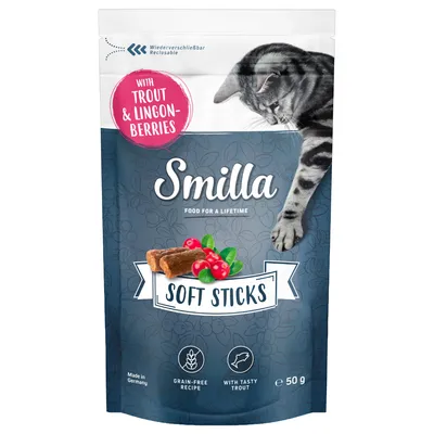Smilla Soft Sticks med ørred og tranebær, kornfri opskrift, genlukkelig emballage, Made in Germany, 50g.