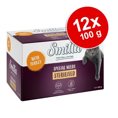 Smilla Special Needs Sterilised with Turkey, 12x100 g. Na opakowaniu: balanced energy content, grain-free recipe. Zdjęcie kota na pudełku.