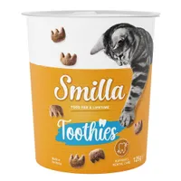 Balení Smilla Toothies 125 g, Food for a lifetime, Supports dental care, Made in Germany, obrázek kočky a tvarované pamlsky na obalu.