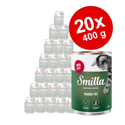Set 20x400 g conserve Smilla Yummy Pot cu vită, text vizibil: WITH BEEF, CONTAINS TAURINE, GRAIN-FREE RECIPE, imagine pisică pe ambalaj.