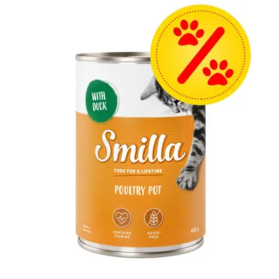 Smilla Poultry Pot with Duck, puszka 400 g. Zawiera taurynę, bez zbóż. Żółta ikona z czerwonym symbolem łap i procentem w prawym górnym rogu.