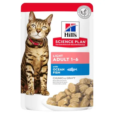 Pouch labelled Science Plan Light Adult 1-6 with ocean fish, chunks and gravy. Shows a tabby cat and a plate of food. No artificial preservatives, flavours or colours.