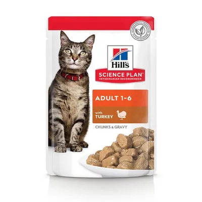 Pouch labelled Science Plan Adult 1-6 with turkey, chunks and gravy. Shows a cat image, food pieces in gravy, and a symbol for no artificial preservatives, flavours or colours.