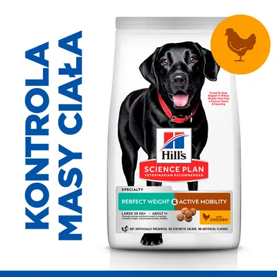 Hill's Science Plan Perfect Weight & Active Mobility dla dużych psów, z kurczakiem. Napis: Kontrola masy ciała. Widoczny czarny pies na opakowaniu. Hill's Science Plan Perfect Weight & Active Mobility dla dużych psów, z kurczakiem. Napis: Kontrola masy ciała. Widoczny czarny pies na opakowaniu.