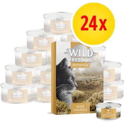 24x Wild Freedom Instinctive Wide Prairies kattmat, synliga konservburkar och förpackning med texten 100 % muscle meat. 24x Wild Freedom Instinctive Wide Prairies kattmat, synliga konservburkar och förpackning med texten 100 % muscle meat.