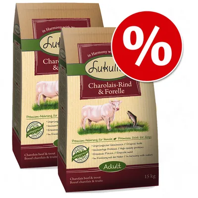 Două saci Lukullus Charolais-Rind & Forelle, 15 kg, pentru câini adulți. Simbol procent roșu indicând ofertă sau reducere vizibil pe ambalaj.