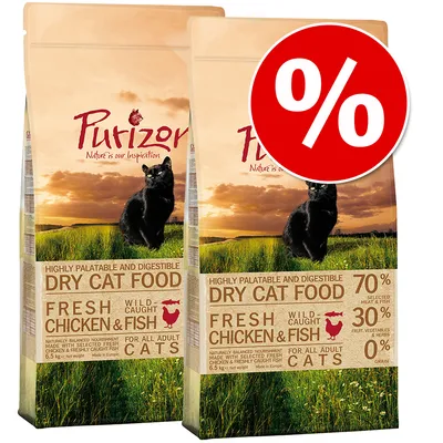 Purizon Dry Cat Food, Fresh Chicken & Fish, 6,5 kg, 70 % meso i riba, 30 % povrće i bilje, 0 % žitarica, pakiranje s crnom mačkom, oznaka postotka popusta.