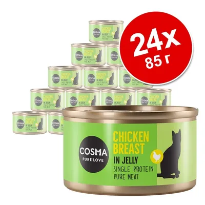 24 банки по 85 г Cosma Pure Love Chicken Breast in Jelly, Single Protein Pure Meat. На упаковке изображён силуэт кошки и курицы.
