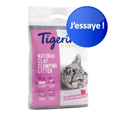 Tigerino Premium Natural Clay Clumping Litter, avec chat gris, texte visible : ultra absorbent & efficient, fast odour control, immediate clumping, extremely low-dust, 6 kg, J’essaie !