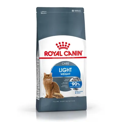Royal Canin Care Light Weight kattefoder, tekst: Proven results over 90 %, billede af kat på forsiden af posen. 1,5 kg synligt på pakken.