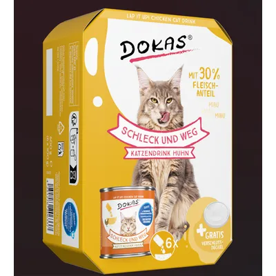 DOKAS Slicka och Gå Kattdryck höna, med 30% köttinnehåll, 6 burkar, gratis förslutningslock. DOKAS Slicka och Gå Kattdryck höna, med 30% köttinnehåll, 6 burkar, gratis förslutningslock.