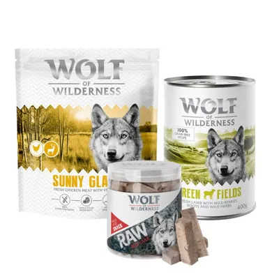 Pack de prueba mixto Wolf of Wilderness: pienso + comida húmeda + snacks - Variante III: Blue River con salmón - Nueva receta