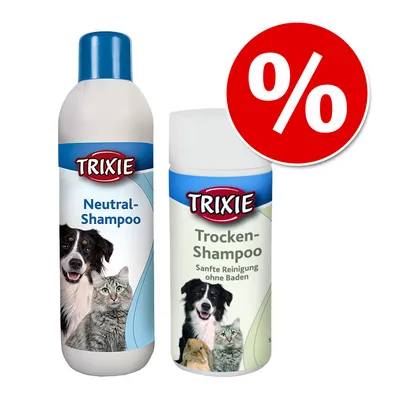 TRIXIE Neutral-Shampoo oraz TRIXIE Trocken-Shampoo. Widoczne zdjęcia psa i kota na opakowaniach, czerwone kółko z symbolem procenta oznaczającym promocję.