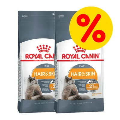 Kaksi Royal Canin Hair & Skin -kuivaruokapussia kissoille, oranssi tarjousmerkki prosenttimerkillä oikeassa yläkulmassa. Pakkauksessa pitkäkarvainen kissa ja teksti 'CARE HAIR & SKIN'. Kaksi Royal Canin Hair & Skin -kuivaruokapussia kissoille, oranssi tarjousmerkki prosenttimerkillä oikeassa yläkulmassa. Pakkauksessa pitkäkarvainen kissa ja teksti 'CARE HAIR & SKIN'.
