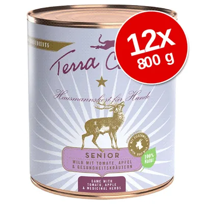 Terra Canis Senior vadparadicsommal, almával és gyógynövényekkel, 12×800 g, 100% Natur felirat látható a csomagoláson. Terra Canis Senior vadparadicsommal, almával és gyógynövényekkel, 12×800 g, 100% Natur felirat látható a csomagoláson.
