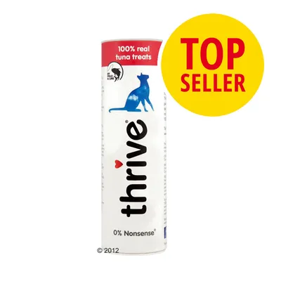 thrive kissanherkut, 100 % real tuna treats, 0 % Nonsense. Keltainen merkki: TOP SELLER. Pakkaus näyttää sinisen kissan siluetin ja Rabbit Line -symbolin. thrive kissanherkut, 100 % real tuna treats, 0 % Nonsense. Keltainen merkki: TOP SELLER. Pakkaus näyttää sinisen kissan siluetin ja Rabbit Line -symbolin.