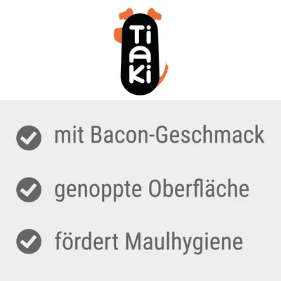 Tiaki. Cu aromă de bacon, suprafață cu noduri, susține igiena orală.