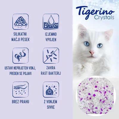 Tigerino Crystals silikatni mačji pesek, izjemno vpojen, ustavi neprijeten vonj, zavira rast bakterij, brez prahu, z vonjem sivke. Prikaz videza peska.