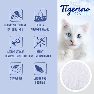 Tigerino Crystals Silicate Litter Sensitive, 5L. Eigenschaften: klumpend, leicht & sparsam, stoppt Gerüche, hemmt Bakterienwachstum, staubfrei.