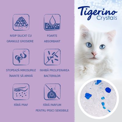 Tigerino Crystals. Nisip silicat cu granule gro­siere, foarte absorbant, stopează mirosurile, inhibă proliferarea bacteriilor, fără praf, fără parfum pentru pisici sensibile.
