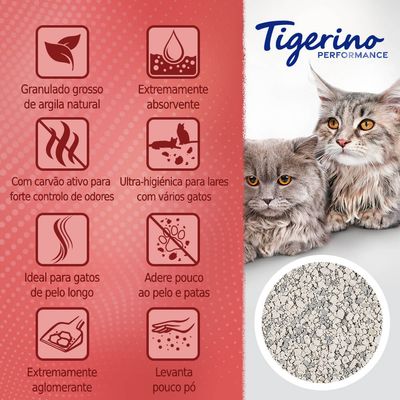 Tigerino Performance. Granulado grosso de argila natural, extremamente absorvente, com carvão ativo, ultra-higiénico, ideal para gatos de pelo longo, adere pouco ao pelo, levanta pouco pó.