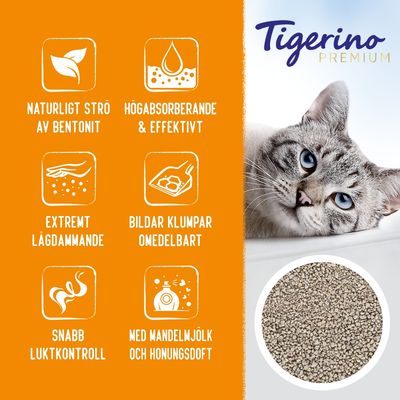 Tigerino Premium kattsand. Naturligt strö av bentonit, högabsorberande, extremt lågdammande, bildar klumpar omedelbart, snabb luktkontroll, med mandelmjölk och honungsdoft.