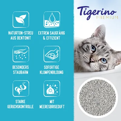 Tigerino Premium. NATURTON-STREU AUS BENTONIT, EXTREM SAUGFÄHIG & EFFIZIENT, BESONDERS STAUBARM, SOFORTIGE KLUMPENBILDUNG, STARKE GERUCHSKONTROLLE, MIT MEERESBRISEDUFT (texte en allemand).
