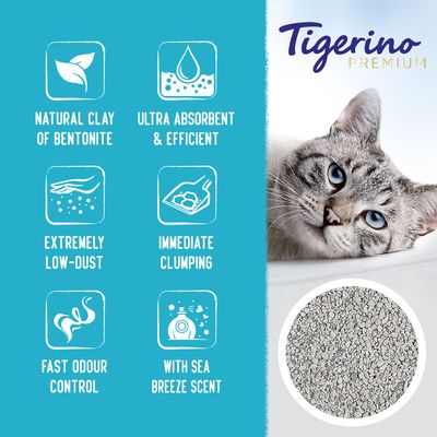 Tigerino Premium kattenbakvulling. Tekst in beeld: natural clay of bentonite, ultra absorbent & efficient, extremely low-dust, immediate clumping, fast odour control, with sea breeze scent.