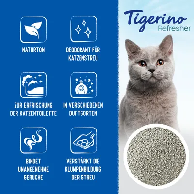 Tigerino Refresher, Deodorant für Katzenstreu aus Naturton. Zur Erfrischung der Katzentoilette, bindet unangenehme Gerüche, verstärkt Klumpenbildung, erhältlich in verschiedenen Duftsorten.
