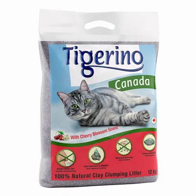 Tigerino Canada Style kattegrus, 12 kg. Tekst: With Cherry Blossom Scent, 100% Natural Clay Clumping Litter. Ikoner: binder lugt, ultra-absorberende, støvfrit, klumper straks.