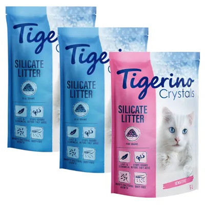 Tigerino Silicate Litter mit blauen und rosa Körnern, staubfrei, geruchsbindend, hemmt Bakterienwachstum. Varianten: Sensitive (5L) und Blue Grains.