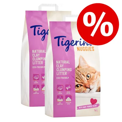 Tigerino Nuggies Natural Clay Clumping Litter, eco-friendly kattsand med baby powder scent, 14 l. Två förpackningar och röd procent-symbol synliga. Tigerino Nuggies Natural Clay Clumping Litter, eco-friendly kattsand med baby powder scent, 14 l. Två förpackningar och röd procent-symbol synliga.