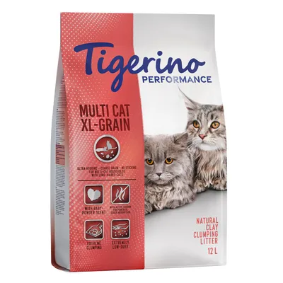 Tigerino Performance Multi Cat XL-Grain, lettiera agglomerante in argilla naturale 12 L. Con profumo di talco, carbone attivo, forte agglomerazione, polvere ridotta. Due gatti visibili. Tigerino Performance Multi Cat XL-Grain, lettiera agglomerante in argilla naturale 12 L. Con profumo di talco, carbone attivo, forte agglomerazione, polvere ridotta. Due gatti visibili.