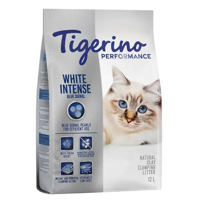 Tigerino Performance White Intense Blue Signal, натурална бентонитова котешка тоалетна 12 л; видими икони: свеж аромат, антибактериално действие, силно слепване, ниско съдържание на прах.