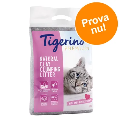 Tigerino Premium Natural Clay Clumping Litter, 6 kg. Text: Ultra absorbent & efficient, fast odour control, immediate clumping, extremely low-dust, with baby powder scent. Prova nu!