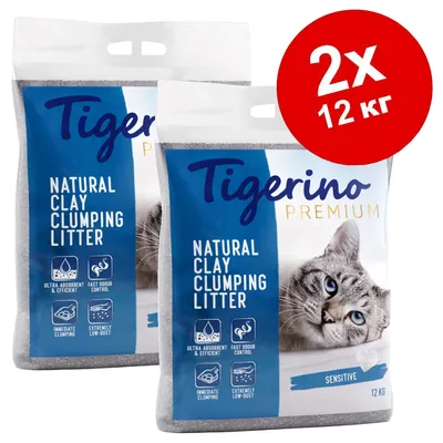 Два пакета Tigerino Premium Natural Clay Clumping Litter Sensitive, всеки по 12 кг. Видими икони: ултра абсорбираща, контрол на миризмата, моментално слепване, ниско съдържание на прах.