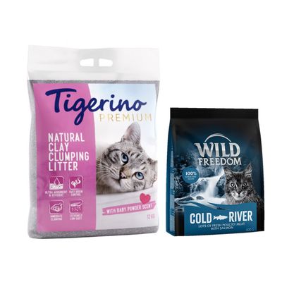 Lot découverte : 2 x 12 kg Litière Tigerino Premium senteur talc + 400 g Croquettes Wild Freedom