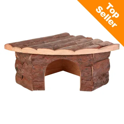 Hus för smådjur av trä med bark, bågformad ingång. Orange hörn med texten 'Top Seller' uppe till höger.