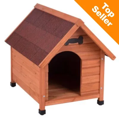 Drevená búda pre psa s tmavou šindľovou strechou, nápis Top Seller v oranžovom rohu obrázka.