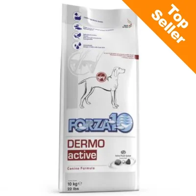 Forza10 Dermo Active Canine Formula, sacco da 10 kg. Testo visibile: Top Seller. Immagine di un cane stilizzato sulla confezione. Forza10 Dermo Active Canine Formula, sacco da 10 kg. Testo visibile: Top Seller. Immagine di un cane stilizzato sulla confezione.