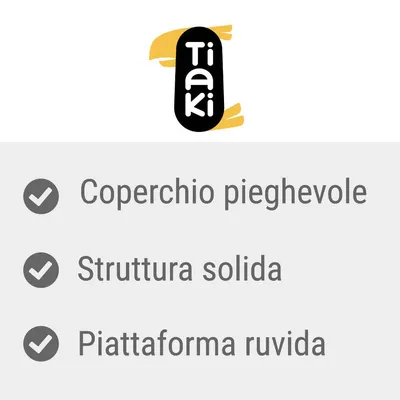 Tiaki. Coperchio pieghevole, struttura solida, piattaforma ruvida.