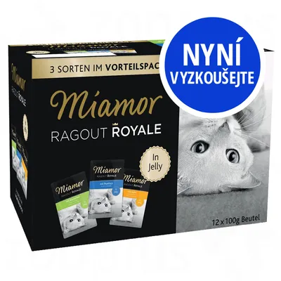 Miamor Ragout Royale In Jelly, 3 sorten im Vorteilspack, 12×100g Beutel. Modrý kruh s textem: Nyní vyzkoušejte.