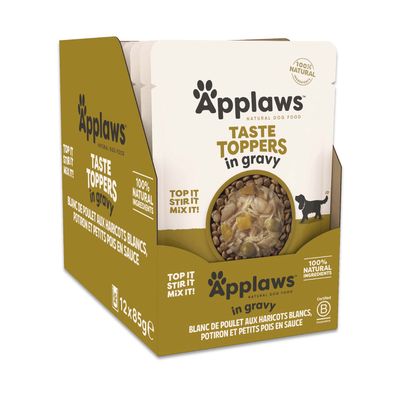 Applaws Taste Toppers en sauce, 100 % ingrédients naturels, 12 x 85 g, blanc de poulet aux haricots blancs, potiron et petits pois en sauce.