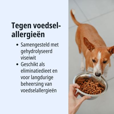 Tegen voedselallergieën. Bevat gehydrolyseerd visproteïne. Geschikt als eliminatiedieet en voor langdurige controle van voedselallergieën.