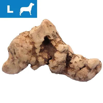 Radice naturale per cani, taglia L indicata da icona blu con sagoma di cane e lettera L in alto a sinistra. Materiale: legno visibile.