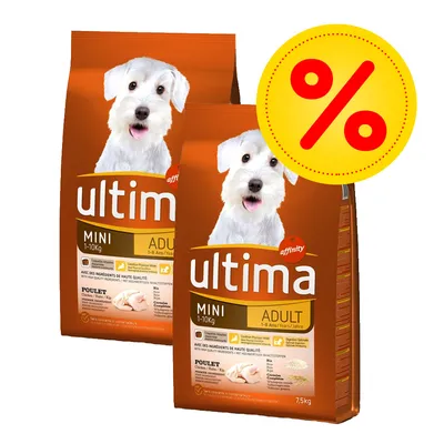 2 sacos de Affinity Ultima Mini Adult 1–10 kg, pollo, 7,5 kg cada uno. Etiqueta amarilla con símbolo de porcentaje en rojo indicando oferta o descuento visible.